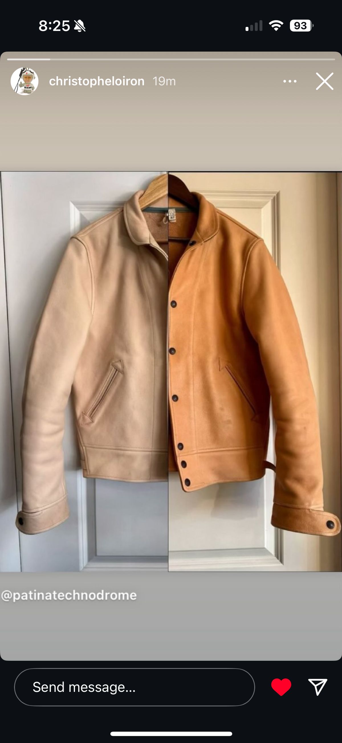 Photo by PatinaTechnodrome on November 22, 2024 of the Mister Freedom Campus Stud Jacket in Natural Veg Tan Cowhide.