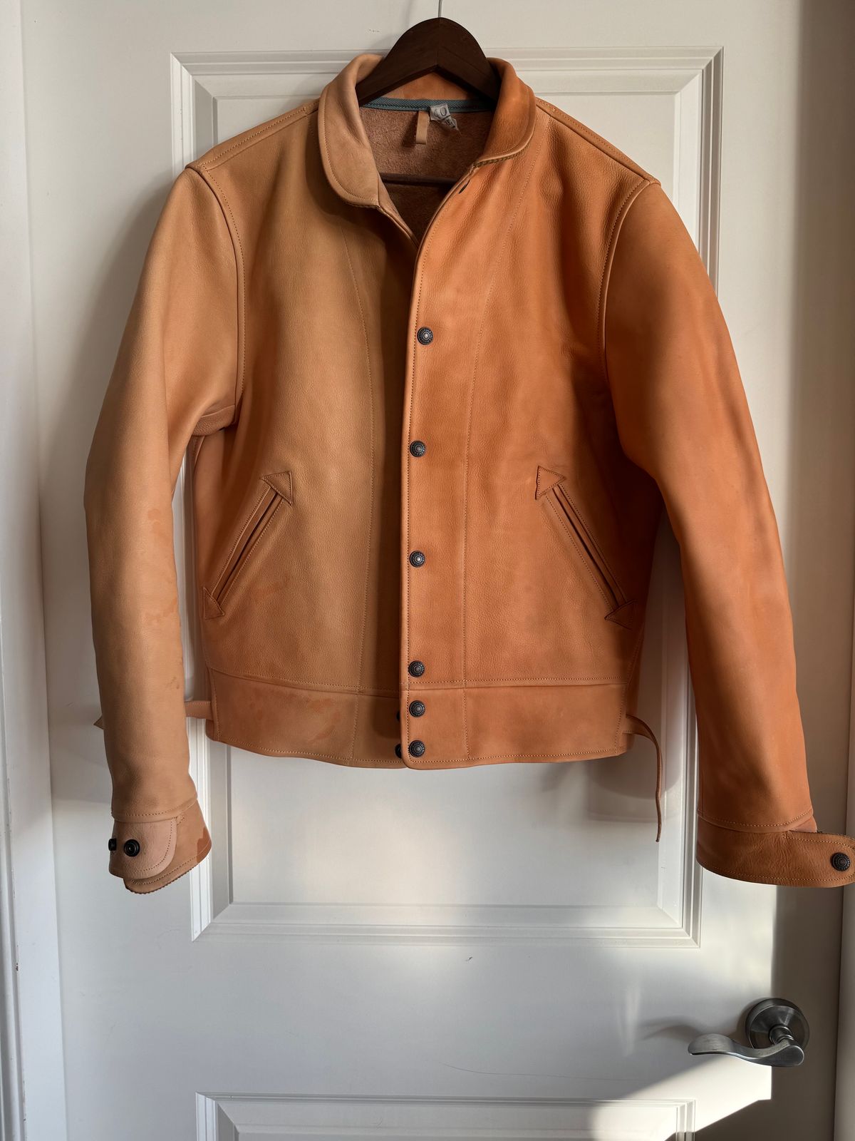 Photo by PatinaTechnodrome on November 22, 2024 of the Mister Freedom Campus Stud Jacket in Natural Veg Tan Cowhide.