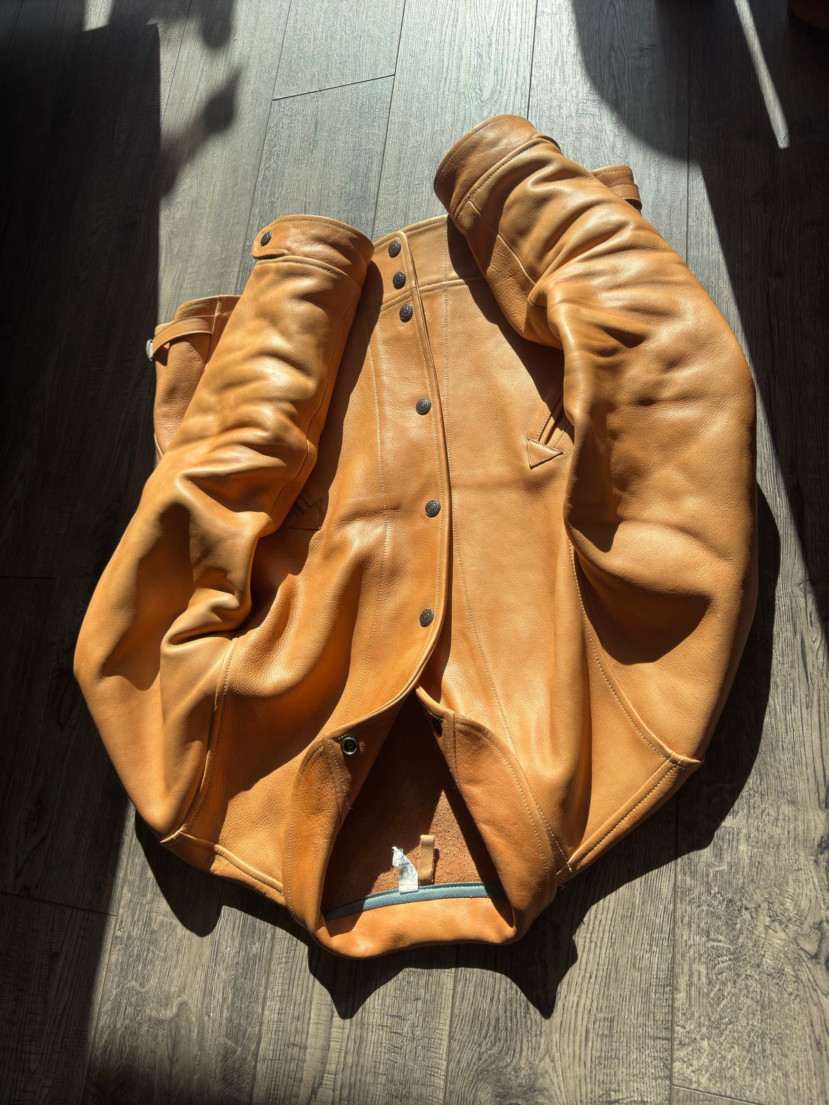 Photo by PatinaTechnodrome on December 12, 2024 of the Mister Freedom Campus Stud Jacket in Natural Veg Tan Cowhide.