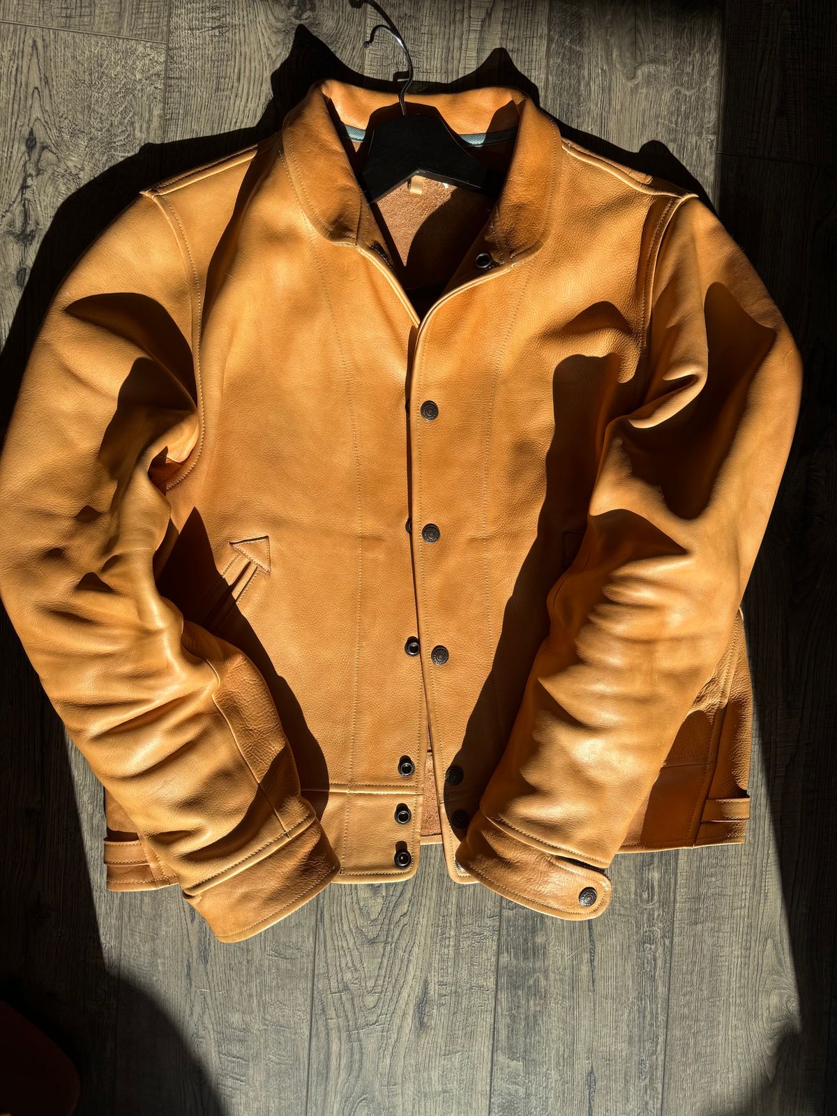 Photo by PatinaTechnodrome on December 12, 2024 of the Mister Freedom Campus Stud Jacket in Natural Veg Tan Cowhide.