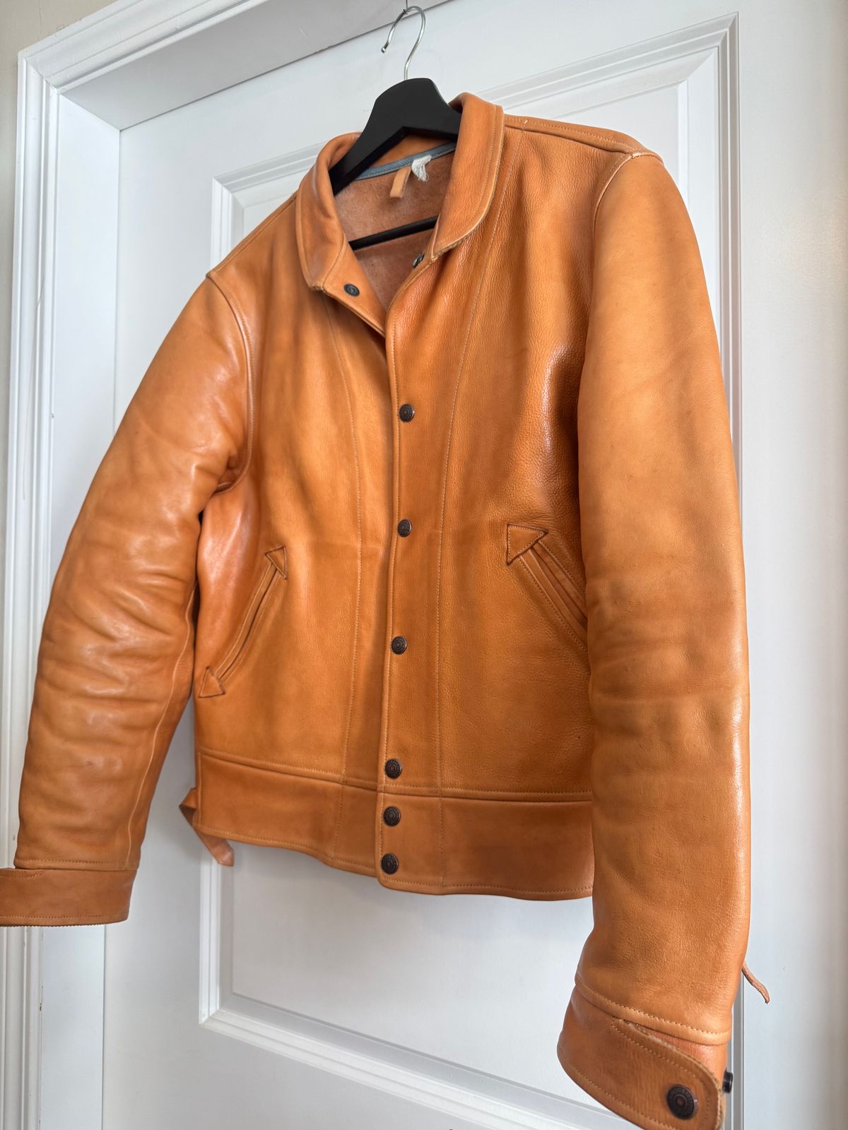 Photo by PatinaTechnodrome on December 11, 2024 of the Mister Freedom Campus Stud Jacket in Natural Veg Tan Cowhide.