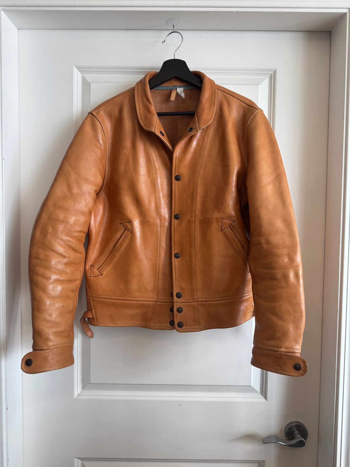 Photo by PatinaTechnodrome on December 11, 2024 of the Mister Freedom Campus Stud Jacket in Natural Veg Tan Cowhide.