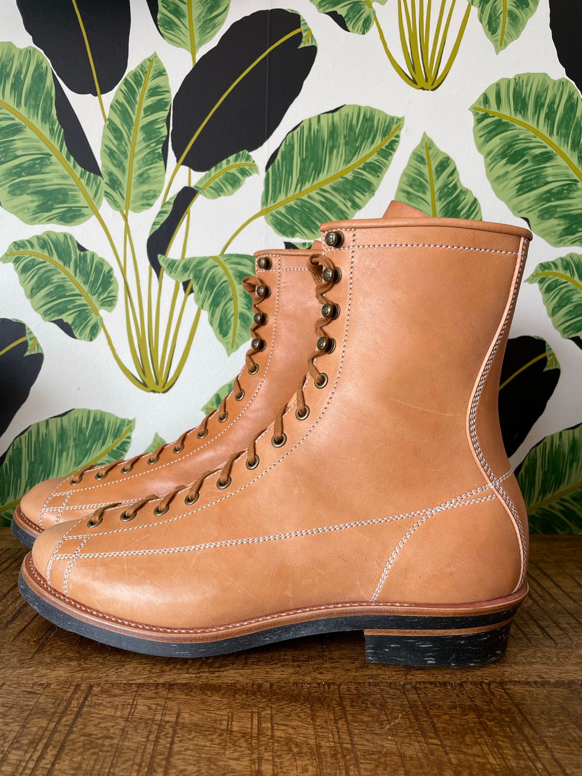 Photo by PatinaTechnodrome on November 1, 2022 of the Flame Panda Monkey Boot in Maryam Natural Horsebutt.