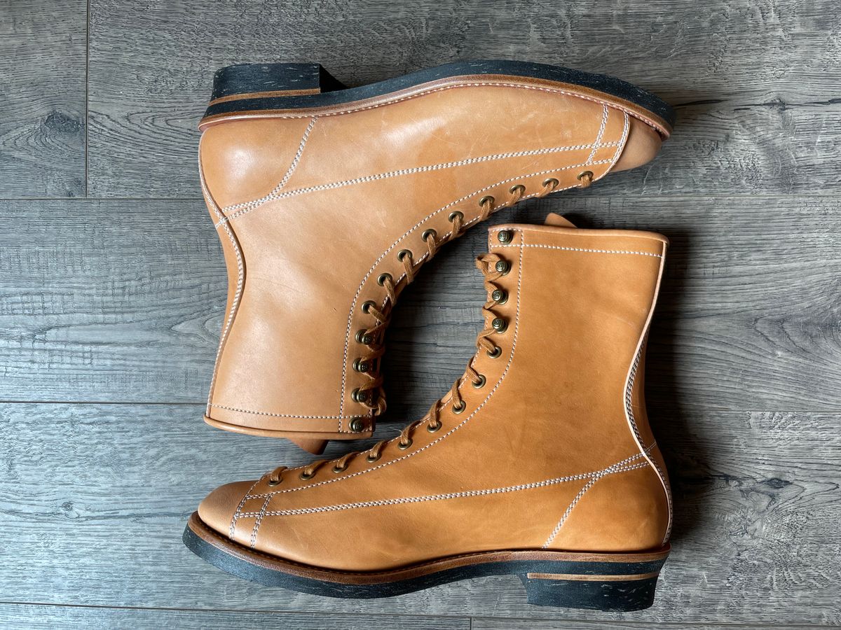Photo by PatinaTechnodrome on November 1, 2022 of the Flame Panda Monkey Boot in Maryam Natural Horsebutt.