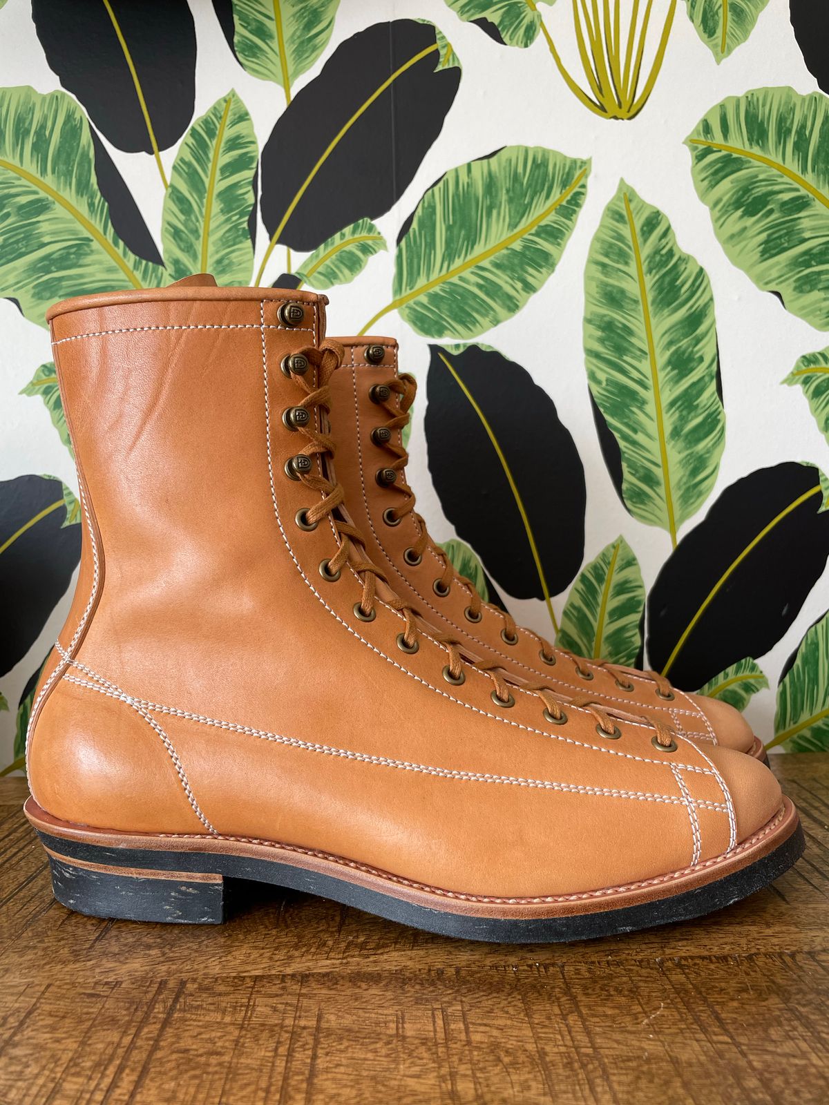 Photo by PatinaTechnodrome on November 1, 2022 of the Flame Panda Monkey Boot in Maryam Natural Horsebutt.
