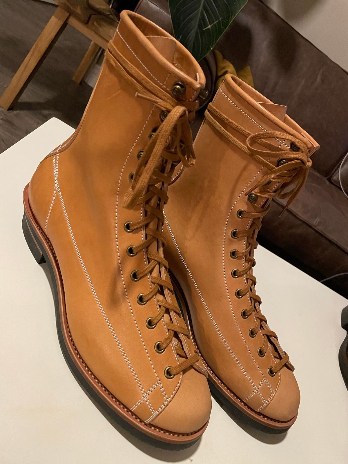 Photo by PatinaTechnodrome on November 1, 2022 of the Flame Panda Monkey Boot in Maryam Natural Horsebutt.