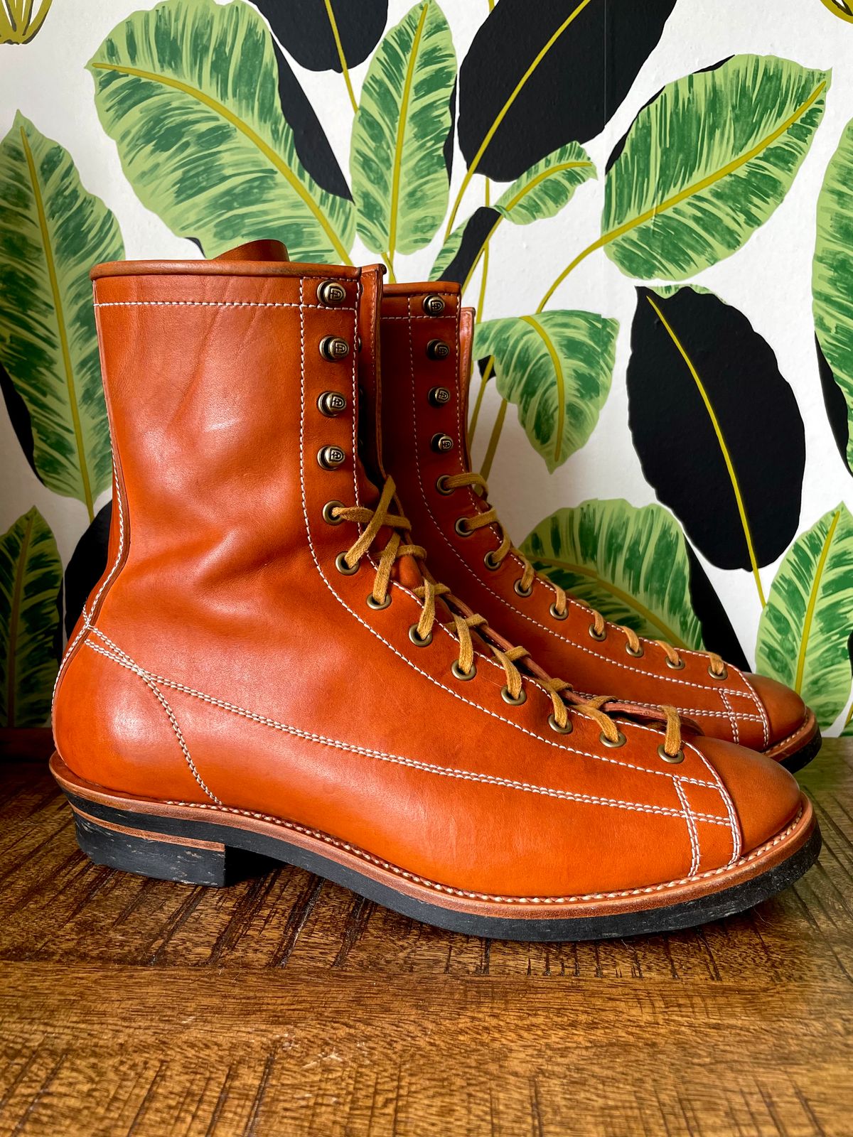 Photo by PatinaTechnodrome on January 5, 2023 of the Flame Panda Monkey Boot in Maryam Natural Horsebutt.