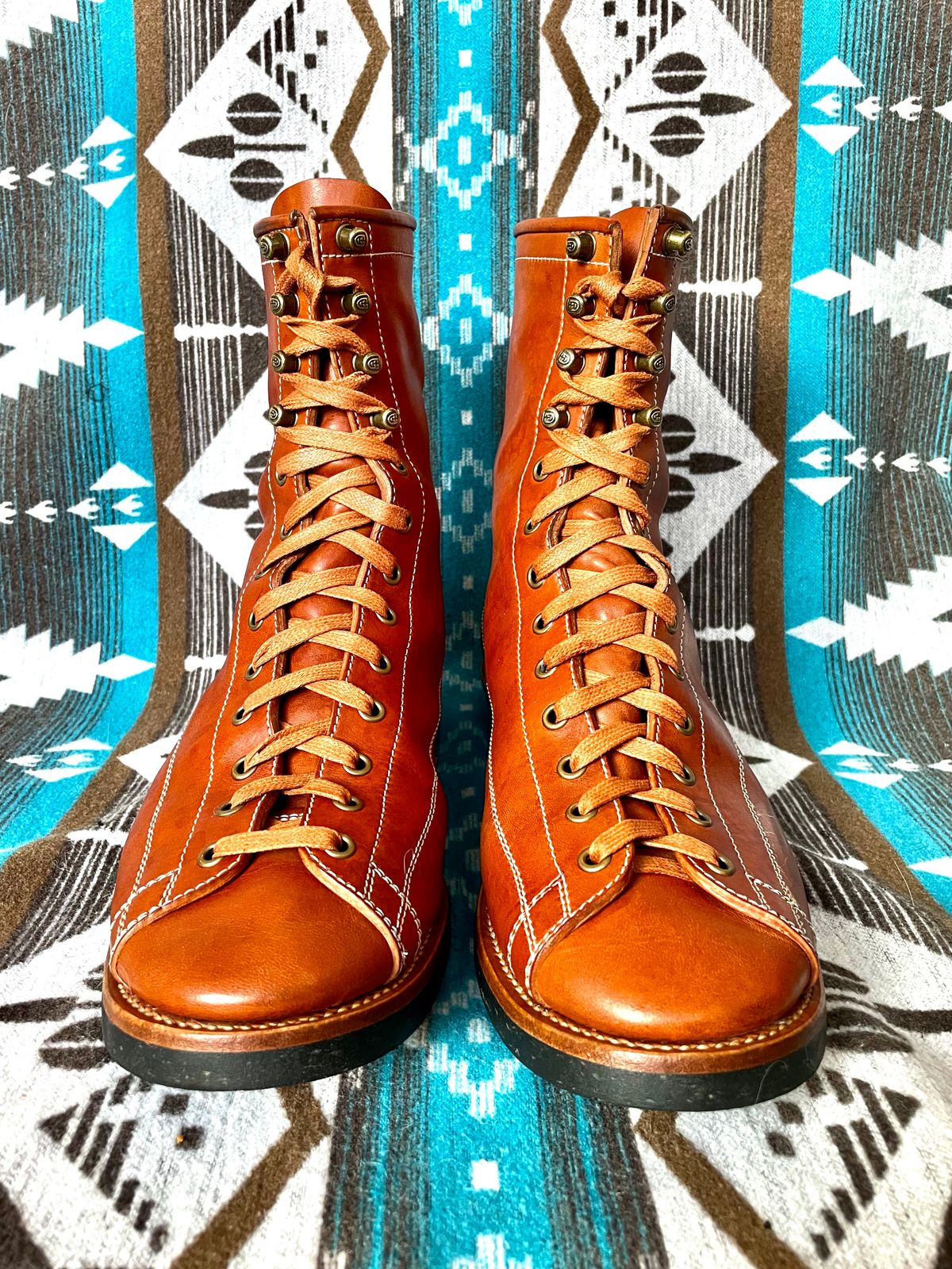 Photo by PatinaTechnodrome on February 3, 2023 of the Flame Panda Monkey Boot in Maryam Natural Horsebutt.