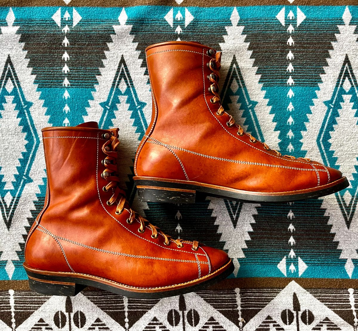 Photo by PatinaTechnodrome on February 3, 2023 of the Flame Panda Monkey Boot in Maryam Natural Horsebutt.