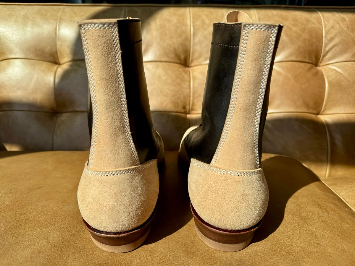 Photo by PatinaTechnodrome on October 2, 2024 of the Flame Panda Service Boot in Maryam Natural Horsebutt Overdyed Brown then Black & Maryam Natural Reverse Horsebutt.