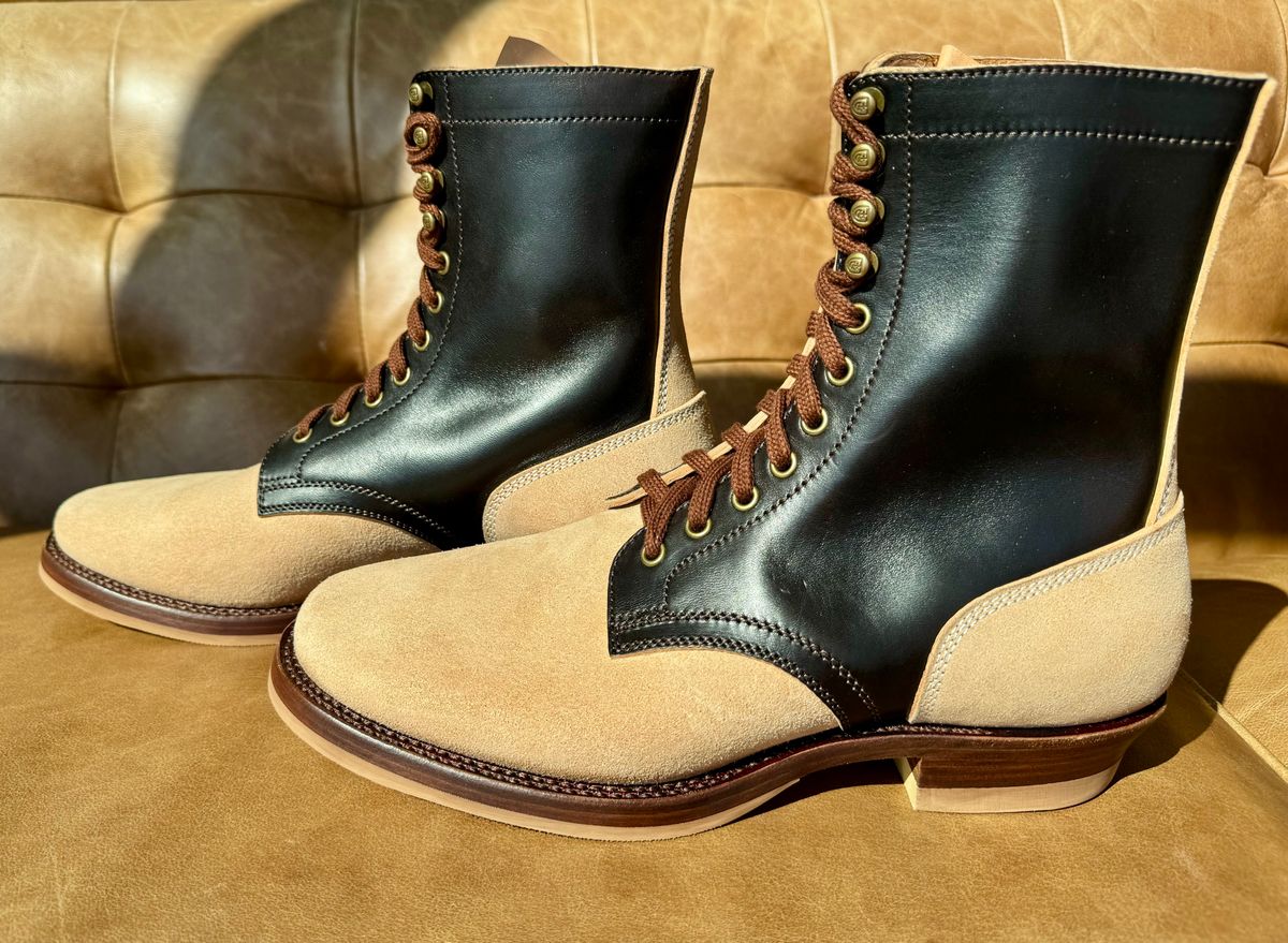 Photo by PatinaTechnodrome on October 2, 2024 of the Flame Panda Service Boot in Maryam Natural Horsebutt Overdyed Brown then Black & Maryam Natural Reverse Horsebutt.