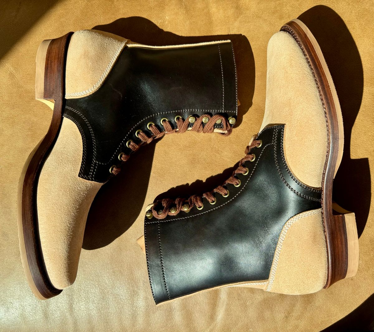 Photo by PatinaTechnodrome on October 2, 2024 of the Flame Panda Service Boot in Maryam Natural Horsebutt Overdyed Brown then Black & Maryam Natural Reverse Horsebutt.