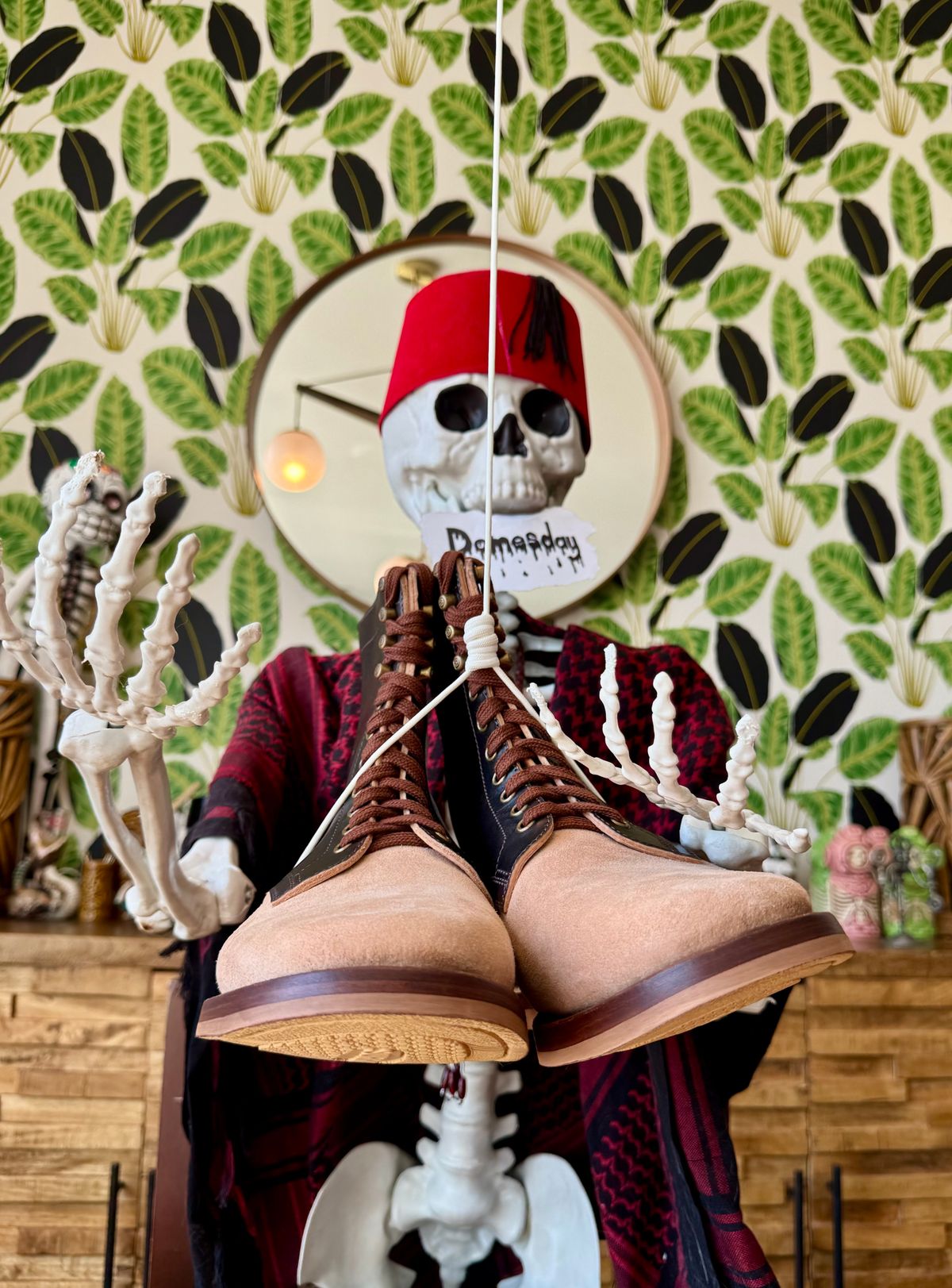 Photo by PatinaTechnodrome on October 2, 2024 of the Flame Panda Service Boot in Maryam Natural Horsebutt Overdyed Brown then Black & Maryam Natural Reverse Horsebutt.