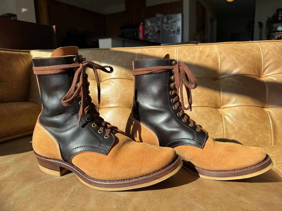 Photo by PatinaTechnodrome on November 4, 2024 of the Flame Panda Service Boot in Maryam Natural Horsebutt Overdyed Brown then Black & Maryam Natural Reverse Horsebutt.