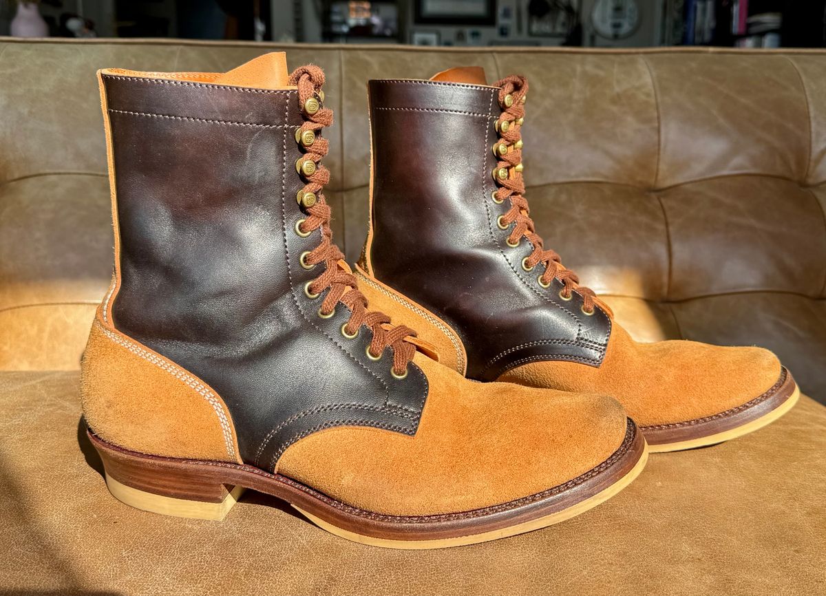 Photo by PatinaTechnodrome on December 5, 2024 of the Flame Panda Service Boot in Maryam Natural Horsebutt Overdyed Brown then Black & Maryam Natural Reverse Horsebutt.