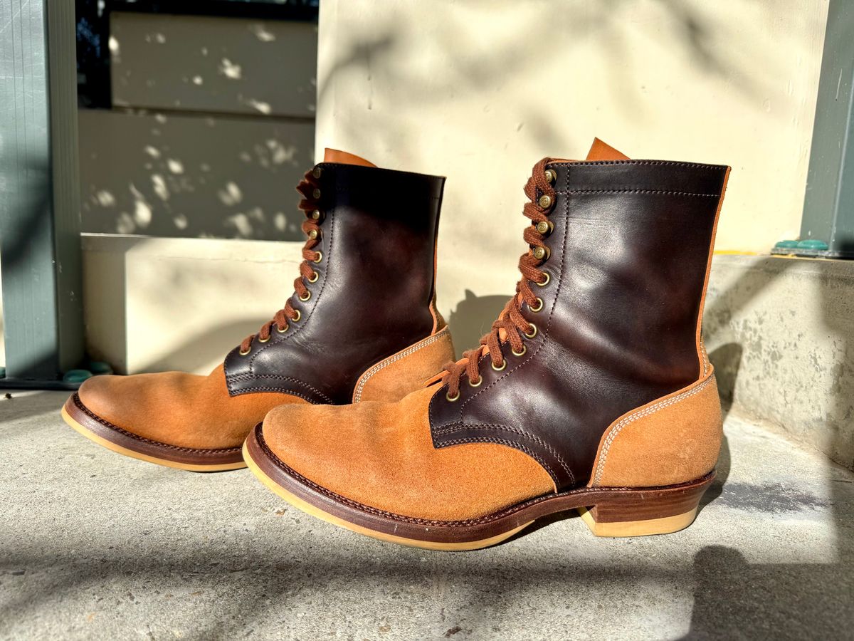 Photo by PatinaTechnodrome on January 6, 2025 of the Flame Panda Service Boot in Maryam Natural Horsebutt Overdyed Brown then Black & Maryam Natural Reverse Horsebutt.