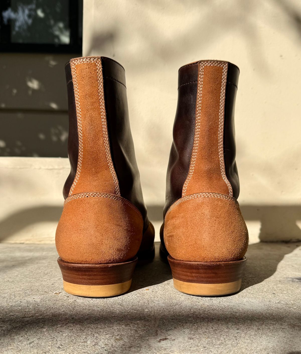 Photo by PatinaTechnodrome on January 6, 2025 of the Flame Panda Service Boot in Maryam Natural Horsebutt Overdyed Brown then Black & Maryam Natural Reverse Horsebutt.