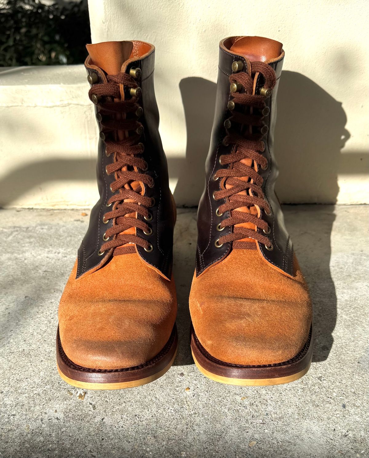 Photo by PatinaTechnodrome on January 6, 2025 of the Flame Panda Service Boot in Maryam Natural Horsebutt Overdyed Brown then Black & Maryam Natural Reverse Horsebutt.