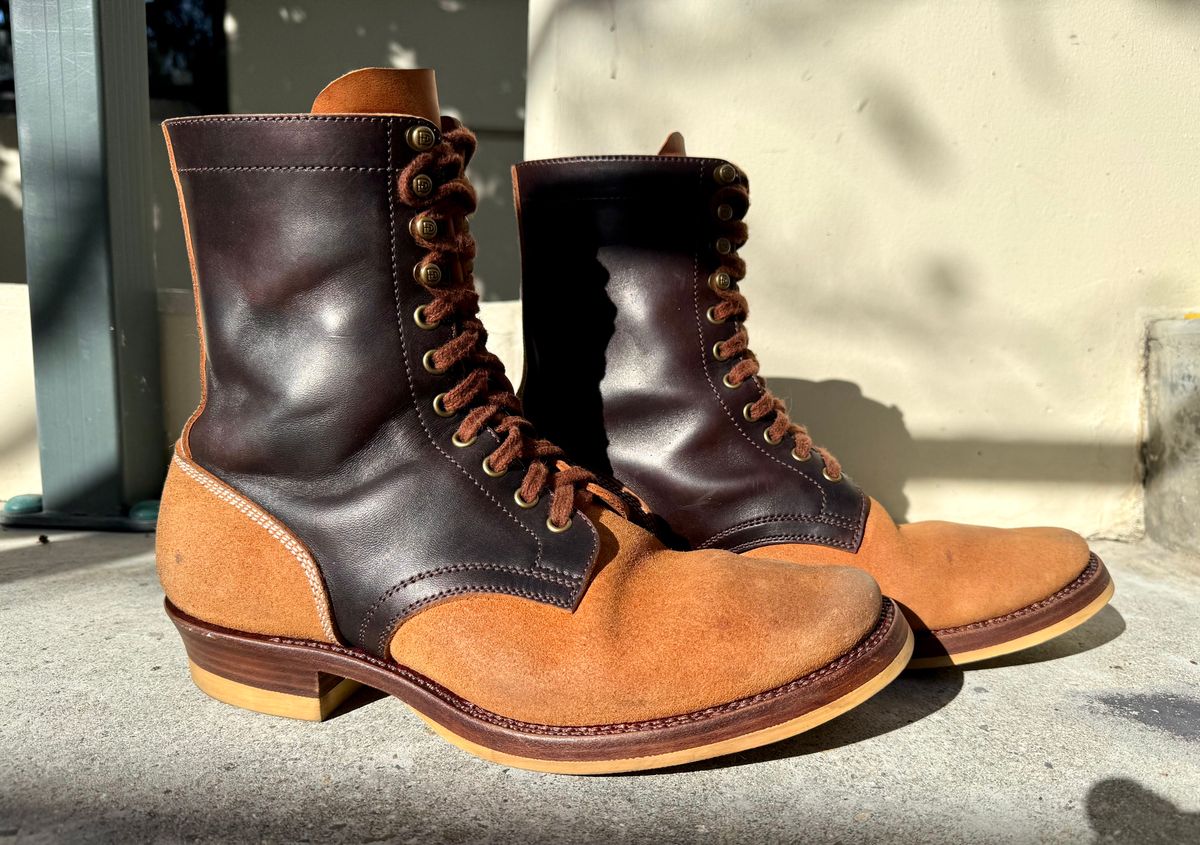 Photo by PatinaTechnodrome on January 6, 2025 of the Flame Panda Service Boot in Maryam Natural Horsebutt Overdyed Brown then Black & Maryam Natural Reverse Horsebutt.