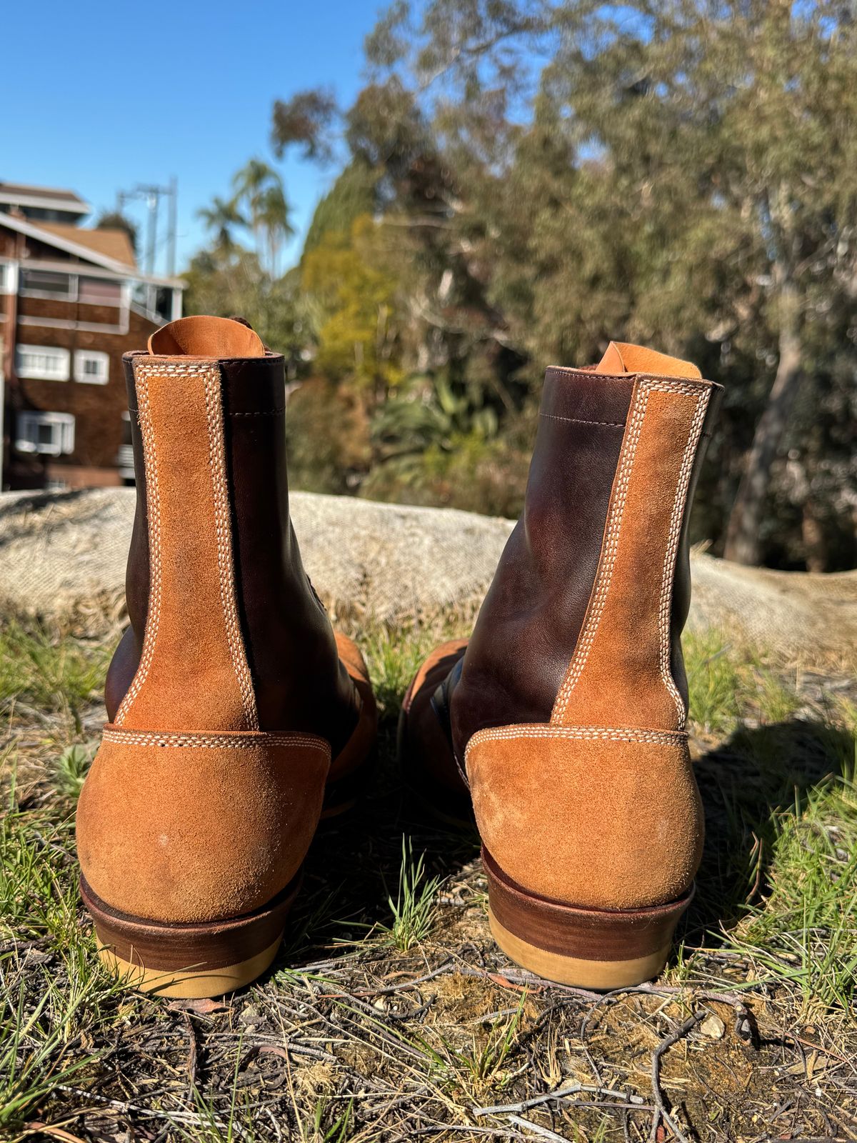 Photo by PatinaTechnodrome on February 2, 2025 of the Flame Panda Service Boot in Maryam Natural Horsebutt Overdyed Brown then Black & Maryam Natural Reverse Horsebutt.