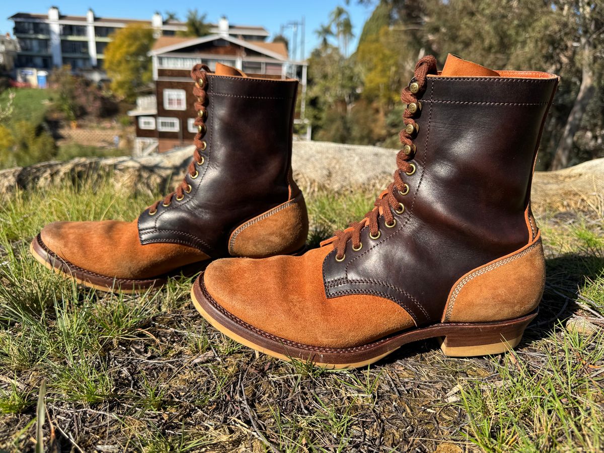Photo by PatinaTechnodrome on February 2, 2025 of the Flame Panda Service Boot in Maryam Natural Horsebutt Overdyed Brown then Black & Maryam Natural Reverse Horsebutt.