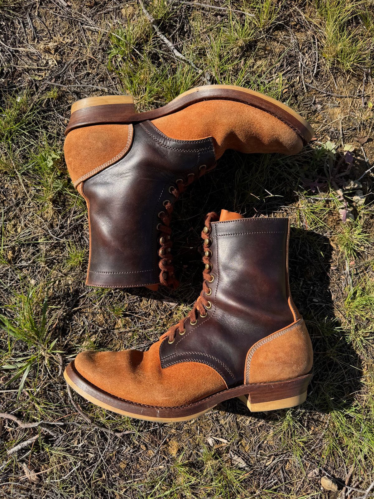 Photo by PatinaTechnodrome on February 2, 2025 of the Flame Panda Service Boot in Maryam Natural Horsebutt Overdyed Brown then Black & Maryam Natural Reverse Horsebutt.