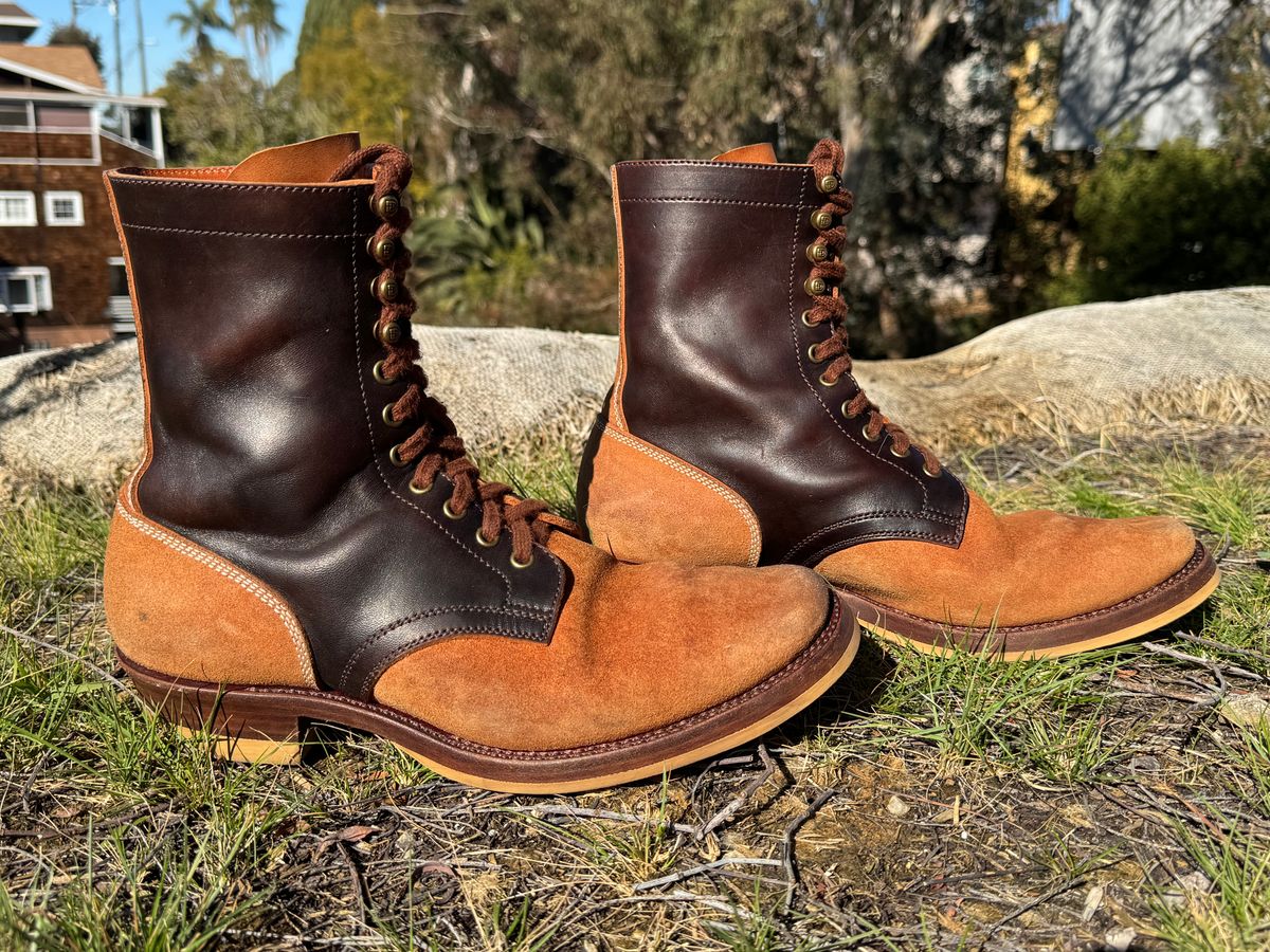 Photo by PatinaTechnodrome on February 2, 2025 of the Flame Panda Service Boot in Maryam Natural Horsebutt Overdyed Brown then Black & Maryam Natural Reverse Horsebutt.