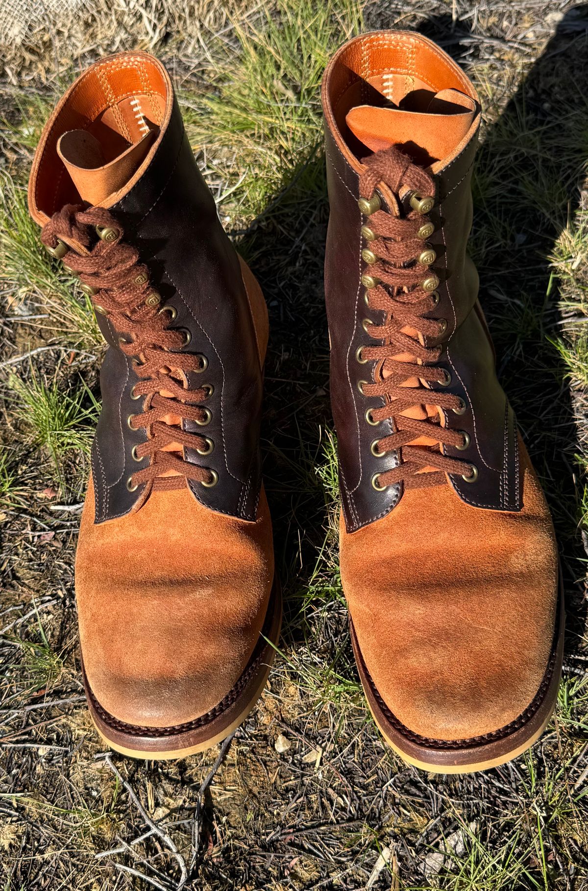Photo by PatinaTechnodrome on February 2, 2025 of the Flame Panda Service Boot in Maryam Natural Horsebutt Overdyed Brown then Black & Maryam Natural Reverse Horsebutt.