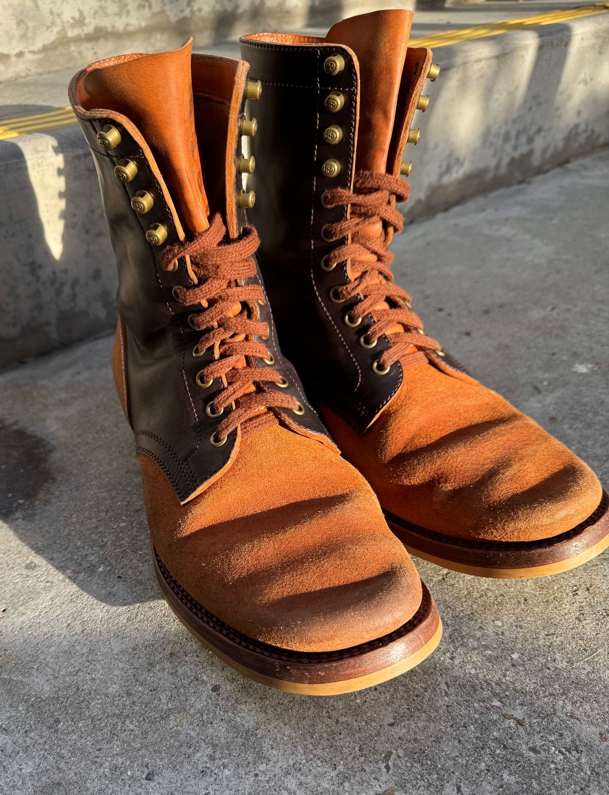Photo by PatinaTechnodrome on March 5, 2025 of the Flame Panda Service Boot in Maryam Natural Horsebutt Overdyed Brown then Black & Maryam Natural Reverse Horsebutt.