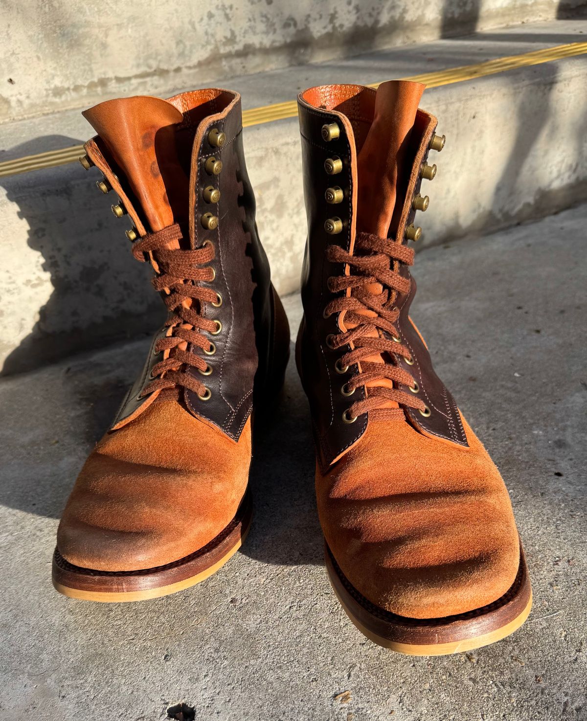 Photo by PatinaTechnodrome on March 5, 2025 of the Flame Panda Service Boot in Maryam Natural Horsebutt Overdyed Brown then Black & Maryam Natural Reverse Horsebutt.