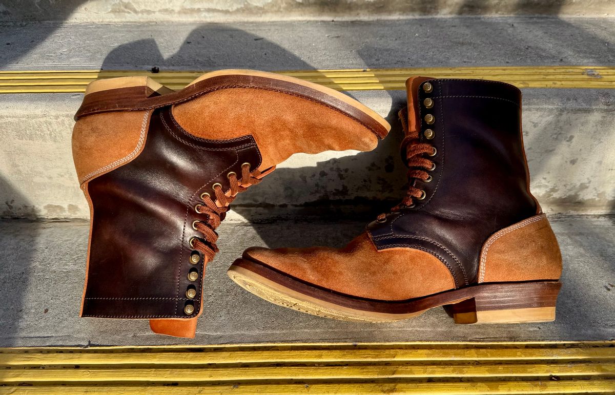Photo by PatinaTechnodrome on March 5, 2025 of the Flame Panda Service Boot in Maryam Natural Horsebutt Overdyed Brown then Black & Maryam Natural Reverse Horsebutt.