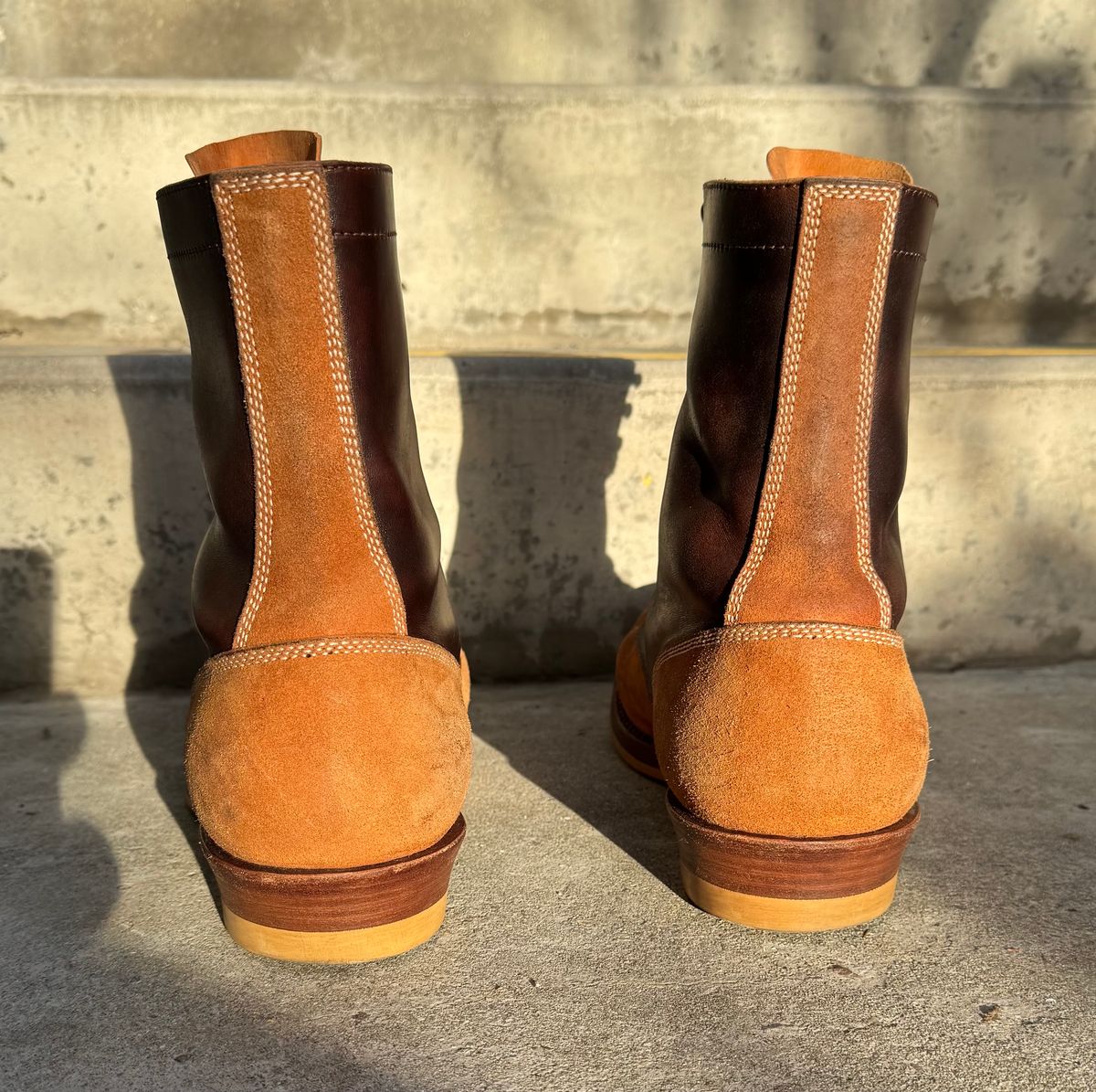 Photo by PatinaTechnodrome on March 5, 2025 of the Flame Panda Service Boot in Maryam Natural Horsebutt Overdyed Brown then Black & Maryam Natural Reverse Horsebutt.