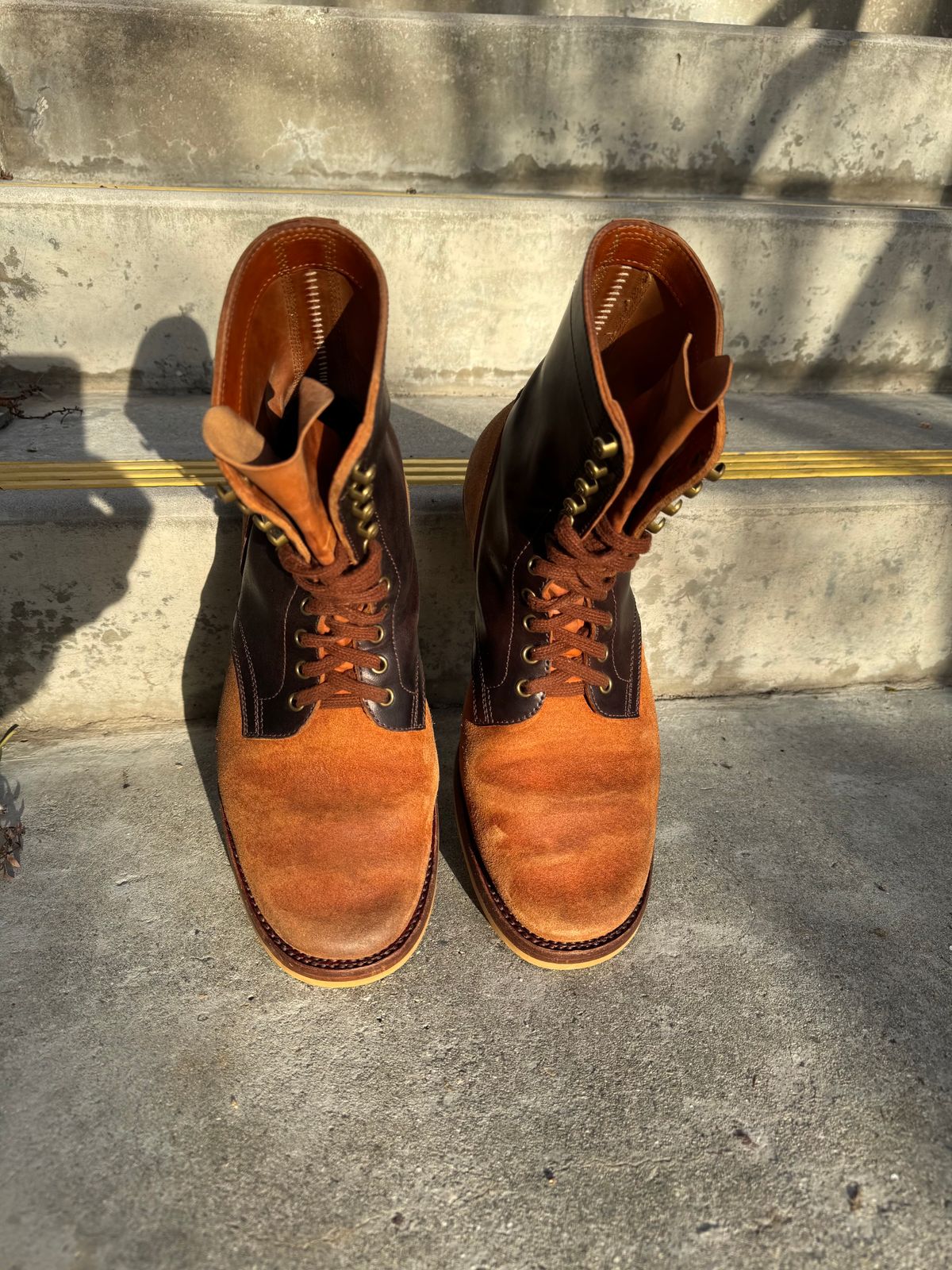 Photo by PatinaTechnodrome on March 5, 2025 of the Flame Panda Service Boot in Maryam Natural Horsebutt Overdyed Brown then Black & Maryam Natural Reverse Horsebutt.