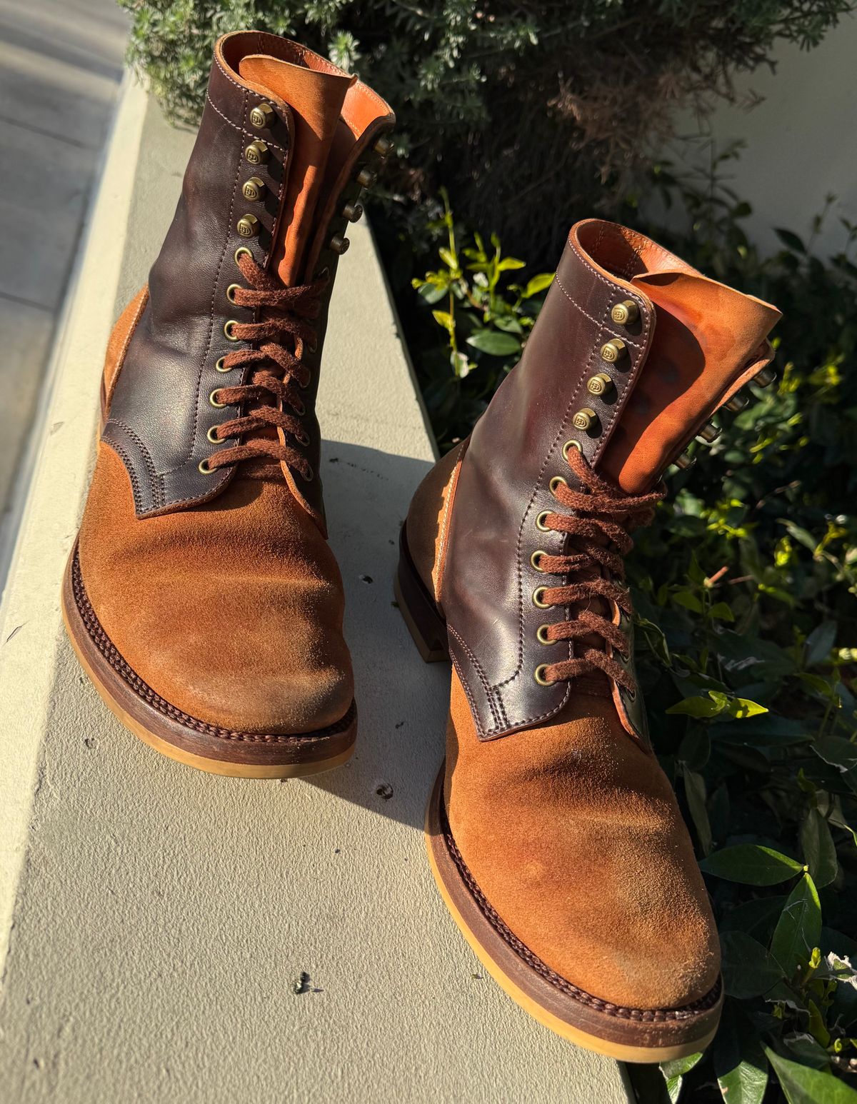Photo by PatinaTechnodrome on April 5, 2025 of the Flame Panda Service Boot in Maryam Natural Horsebutt Overdyed Brown then Black & Maryam Natural Reverse Horsebutt.