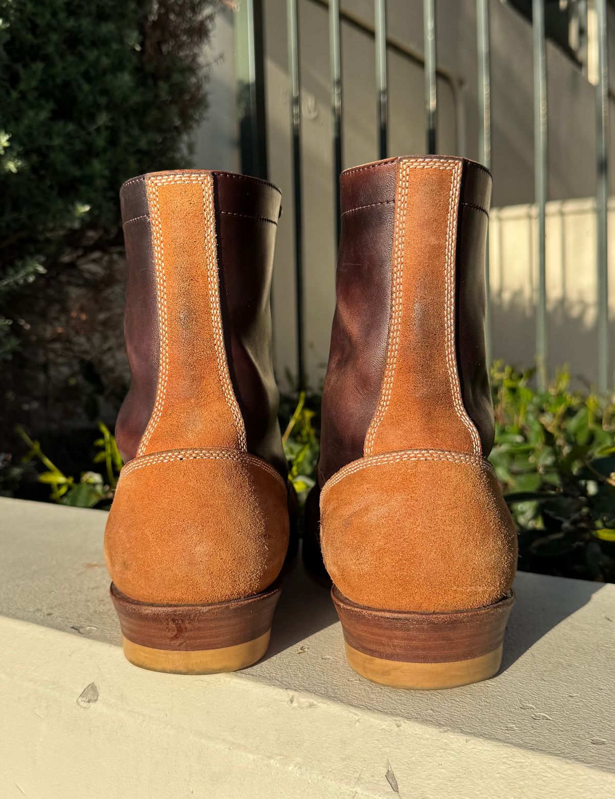 Photo by PatinaTechnodrome on April 5, 2025 of the Flame Panda Service Boot in Maryam Natural Horsebutt Overdyed Brown then Black & Maryam Natural Reverse Horsebutt.