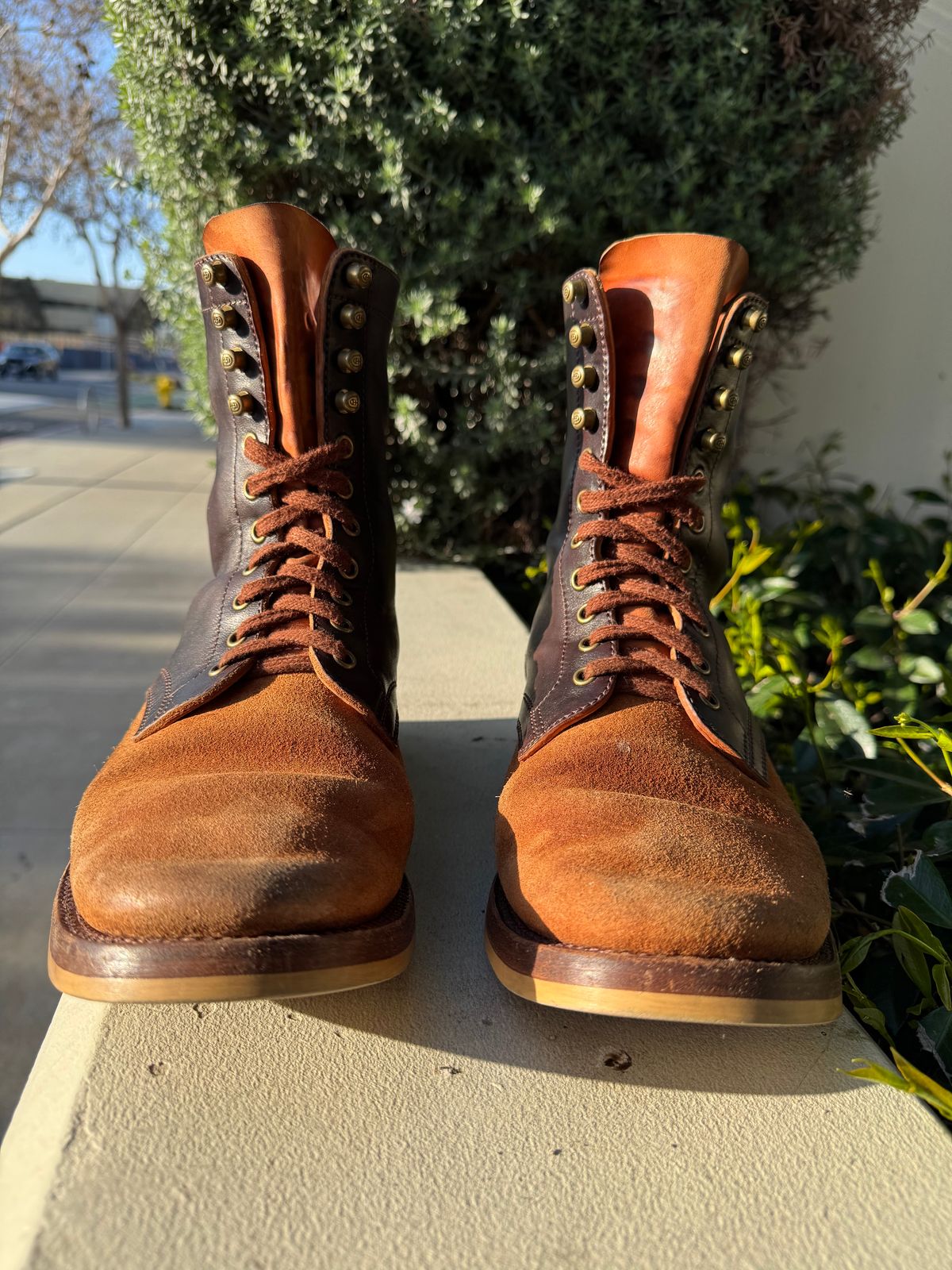 Photo by PatinaTechnodrome on April 5, 2025 of the Flame Panda Service Boot in Maryam Natural Horsebutt Overdyed Brown then Black & Maryam Natural Horsebutt Roughout.