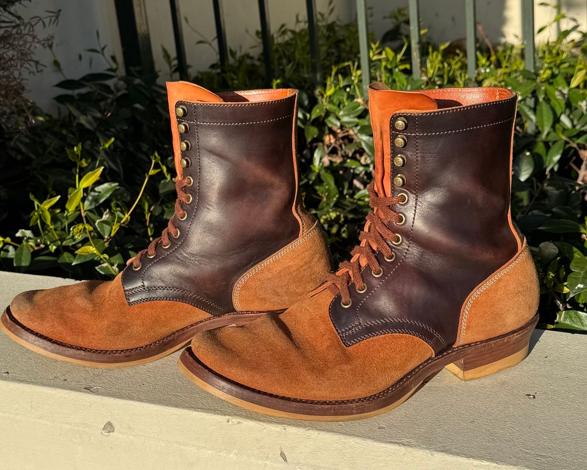 Photo by PatinaTechnodrome on April 5, 2025 of the Flame Panda Service Boot in Maryam Natural Horsebutt Overdyed Brown then Black & Maryam Natural Reverse Horsebutt.