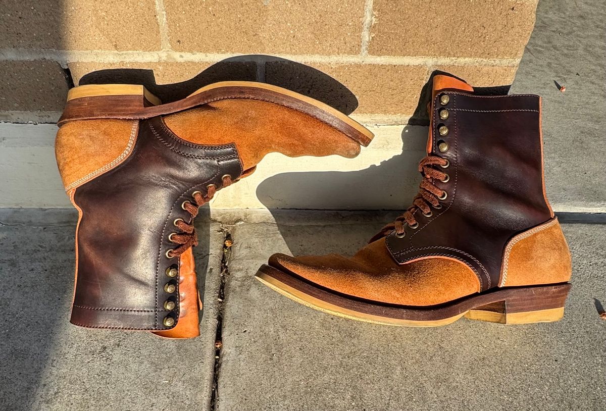 Photo by PatinaTechnodrome on April 5, 2025 of the Flame Panda Service Boot in Maryam Natural Horsebutt Overdyed Brown then Black & Maryam Natural Reverse Horsebutt.