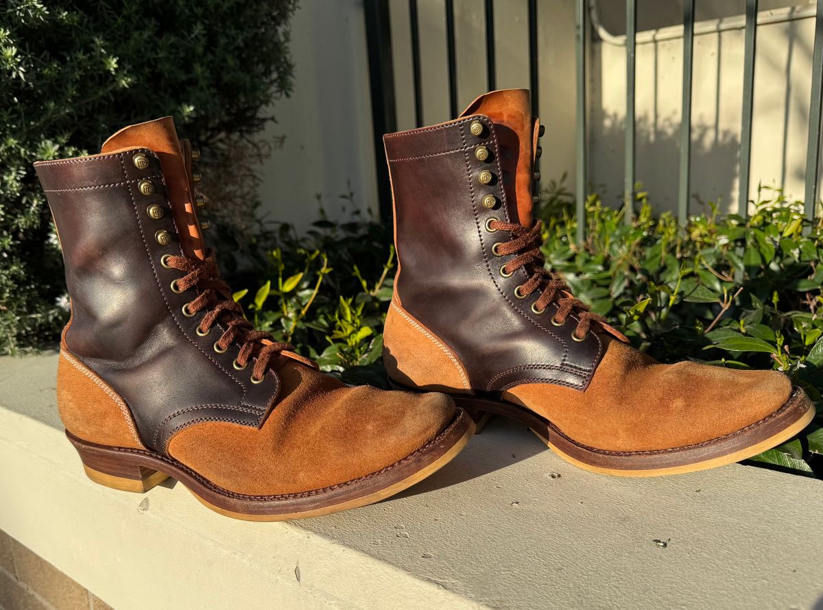 Photo by PatinaTechnodrome on April 5, 2025 of the Flame Panda Service Boot in Maryam Natural Horsebutt Overdyed Brown then Black & Maryam Natural Reverse Horsebutt.