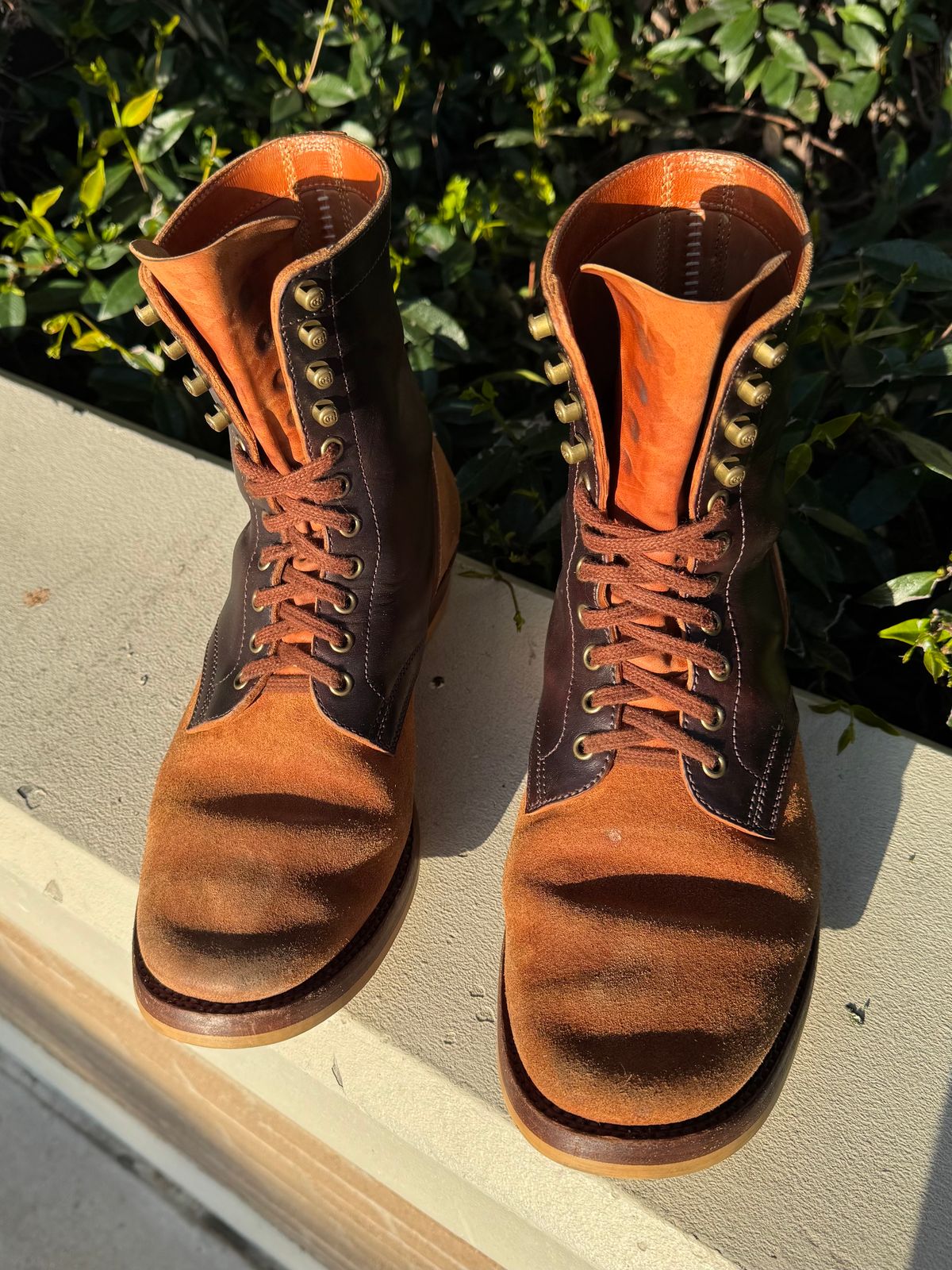 Photo by PatinaTechnodrome on April 5, 2025 of the Flame Panda Service Boot in Maryam Natural Horsebutt Overdyed Brown then Black & Maryam Natural Reverse Horsebutt.