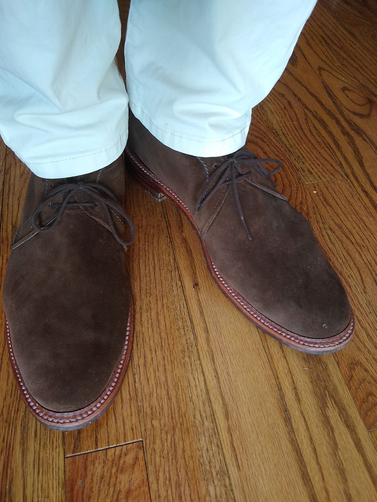 Photo by darknova306 on July 4, 2023 of the Alden 2-Eyelet Chukka in C.F. Stead Brown Repello Calf Suede.