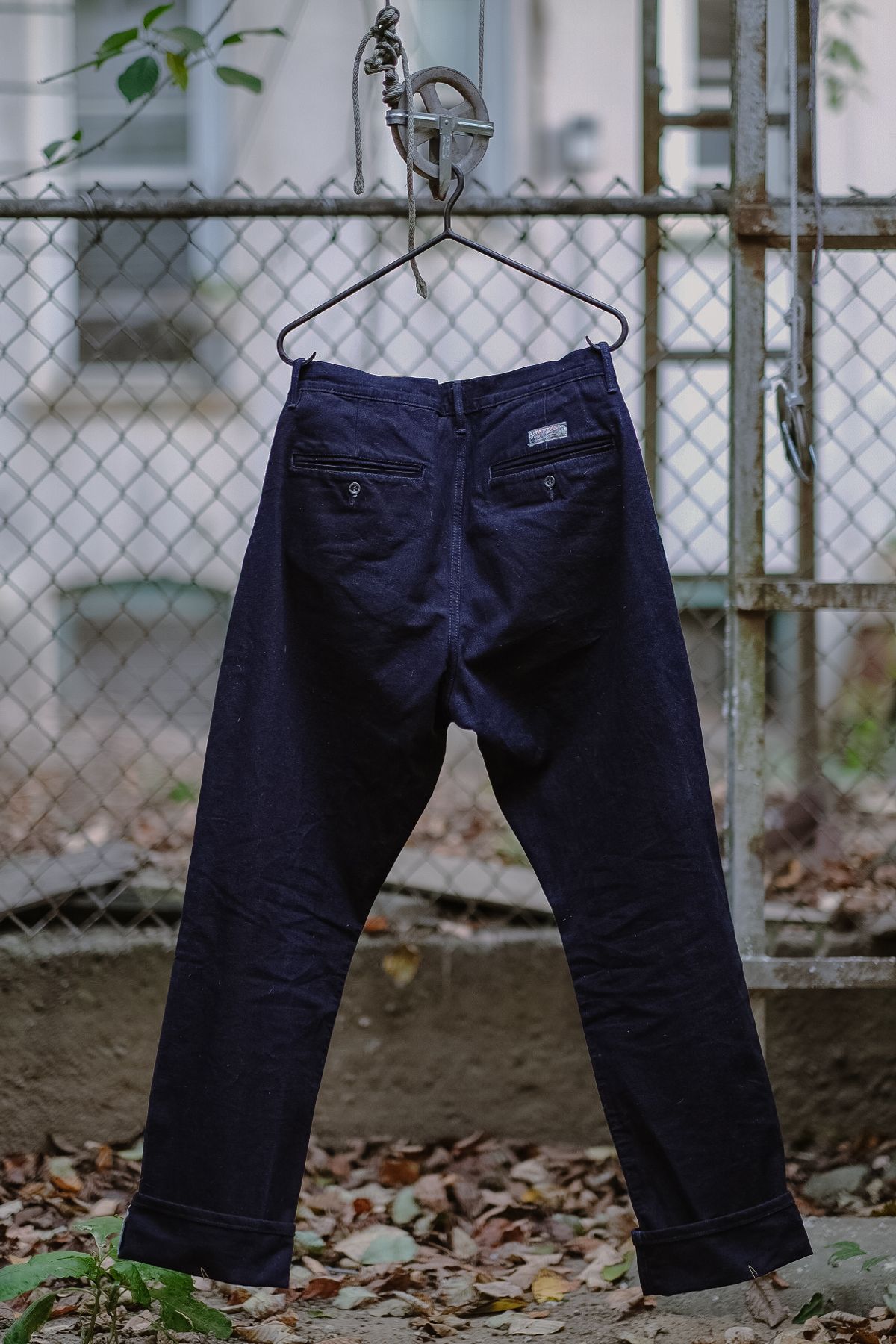 Photo by tlmader on October 23, 2024 of the Left Field NYC Duck Chinos in 12 oz Nihon Menpu Deep Indigo Selvedge.