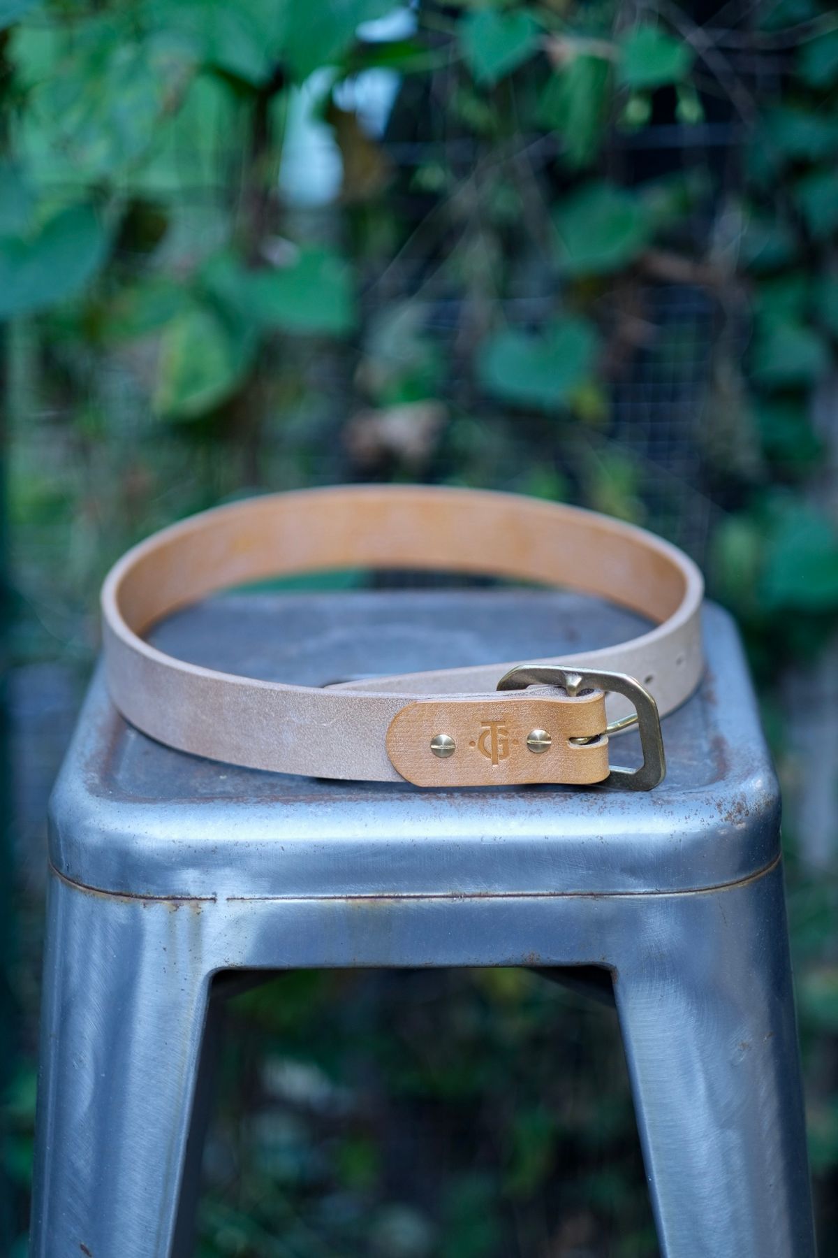 Photo by tlmader on October 1, 2025 of the Titletown Goods Garrison Belt in J&FJ Baker Natural Cross Hatch Bridle.