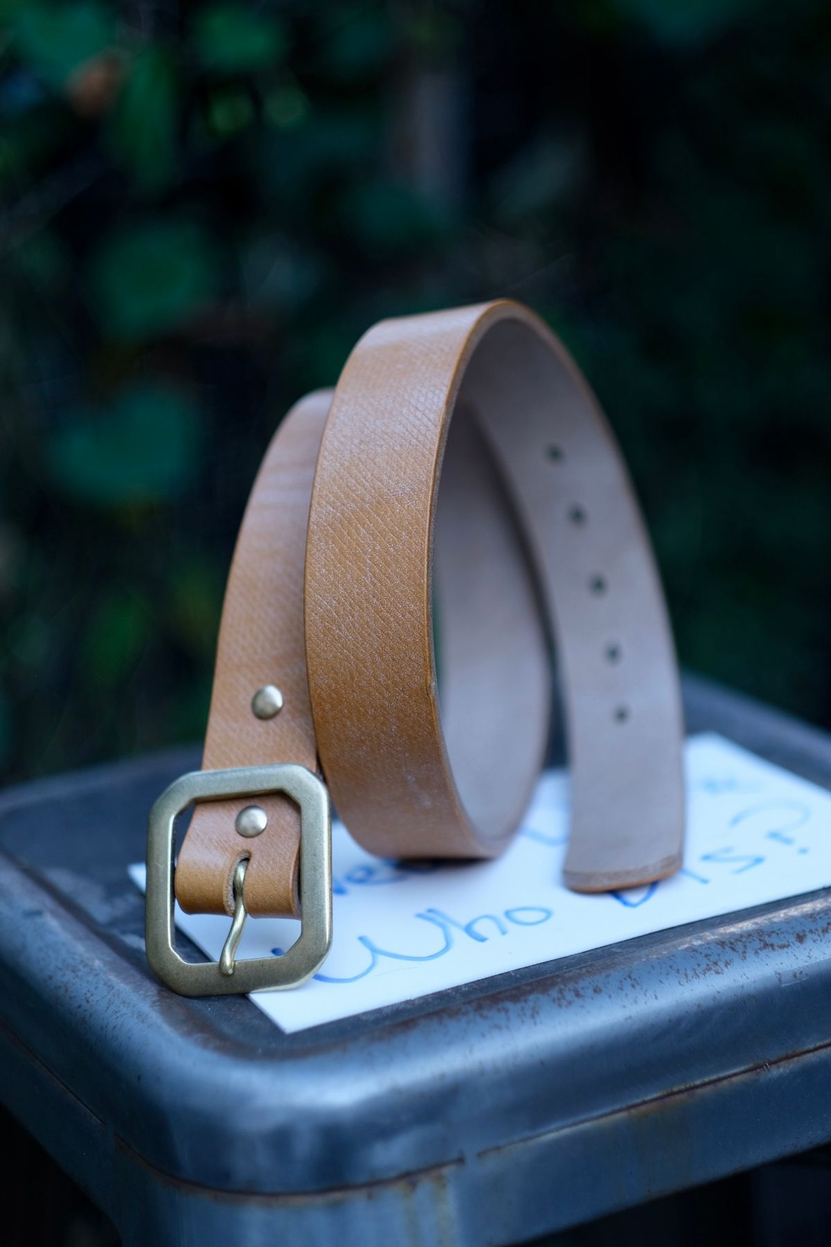 Photo by tlmader on October 1, 2025 of the Titletown Goods Garrison Belt in J&FJ Baker Natural Cross Hatch Bridle.