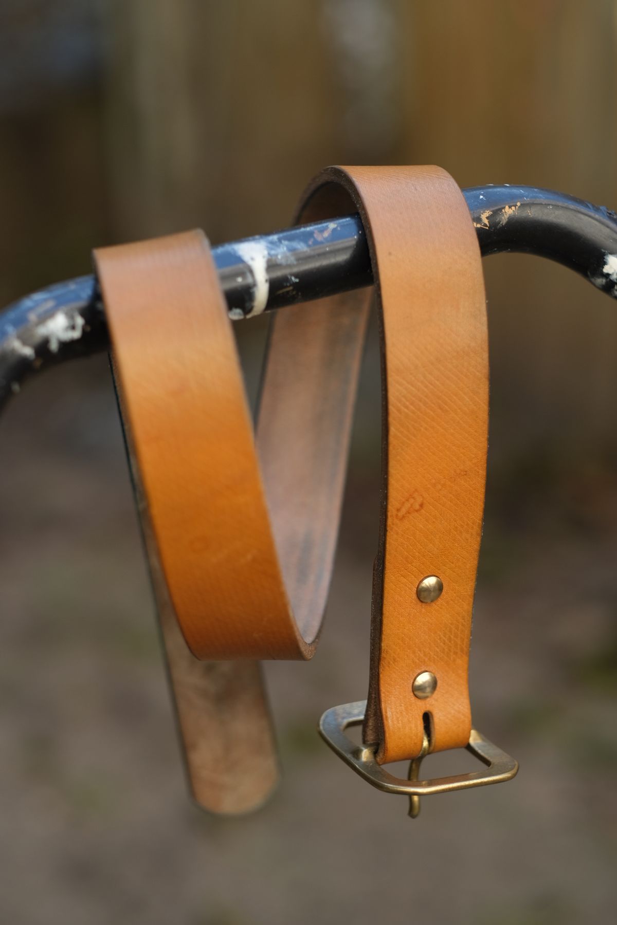 Photo by tlmader on December 5, 2025 of the Titletown Goods Garrison Belt in J&FJ Baker Natural Cross Hatch Bridle.