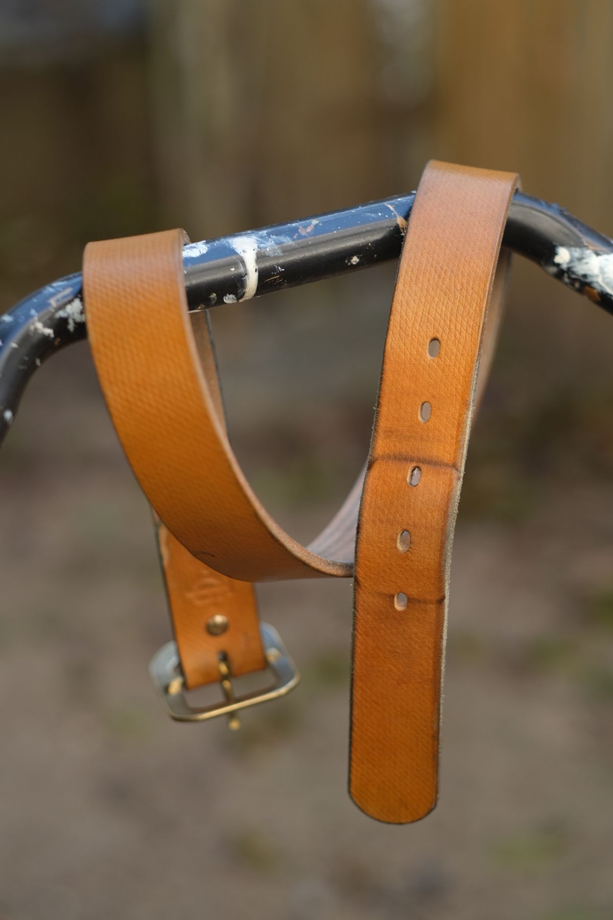 Photo by tlmader on December 5, 2025 of the Titletown Goods Garrison Belt in J&FJ Baker Natural Cross Hatch Bridle.