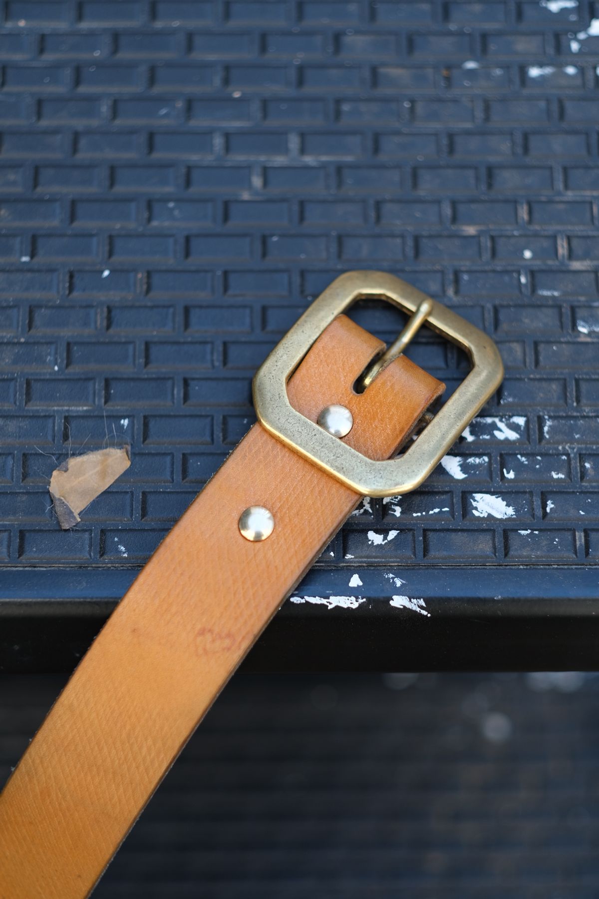 Photo by tlmader on December 5, 2025 of the Titletown Goods Garrison Belt in J&FJ Baker Natural Cross Hatch Bridle.