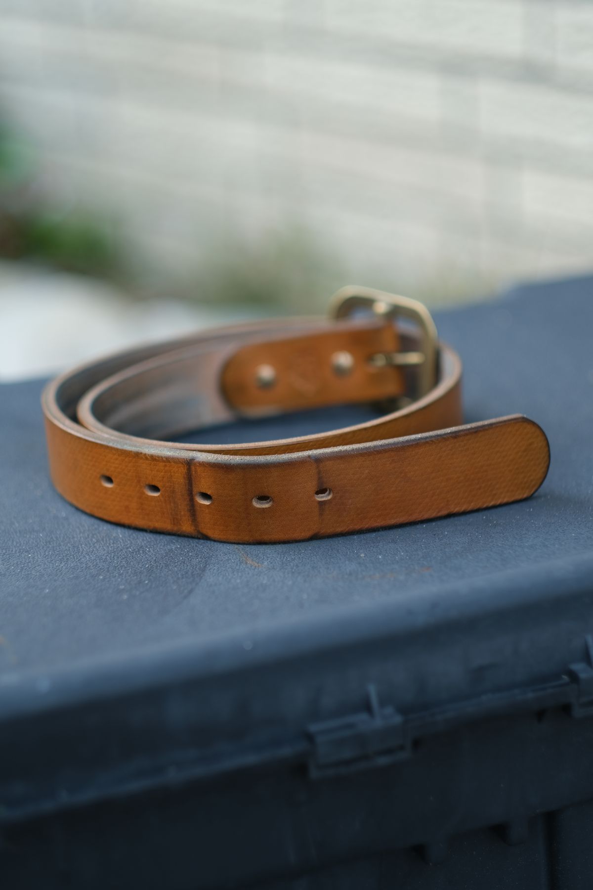 Photo by tlmader on January 5, 2026 of the Titletown Goods Garrison Belt in J&FJ Baker Natural Cross Hatch Bridle.