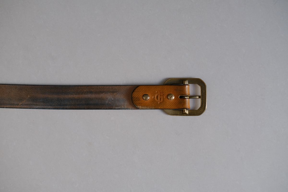 Photo by tlmader on February 2, 2026 of the Titletown Goods Garrison Belt in J&FJ Baker Natural Cross Hatch Bridle.