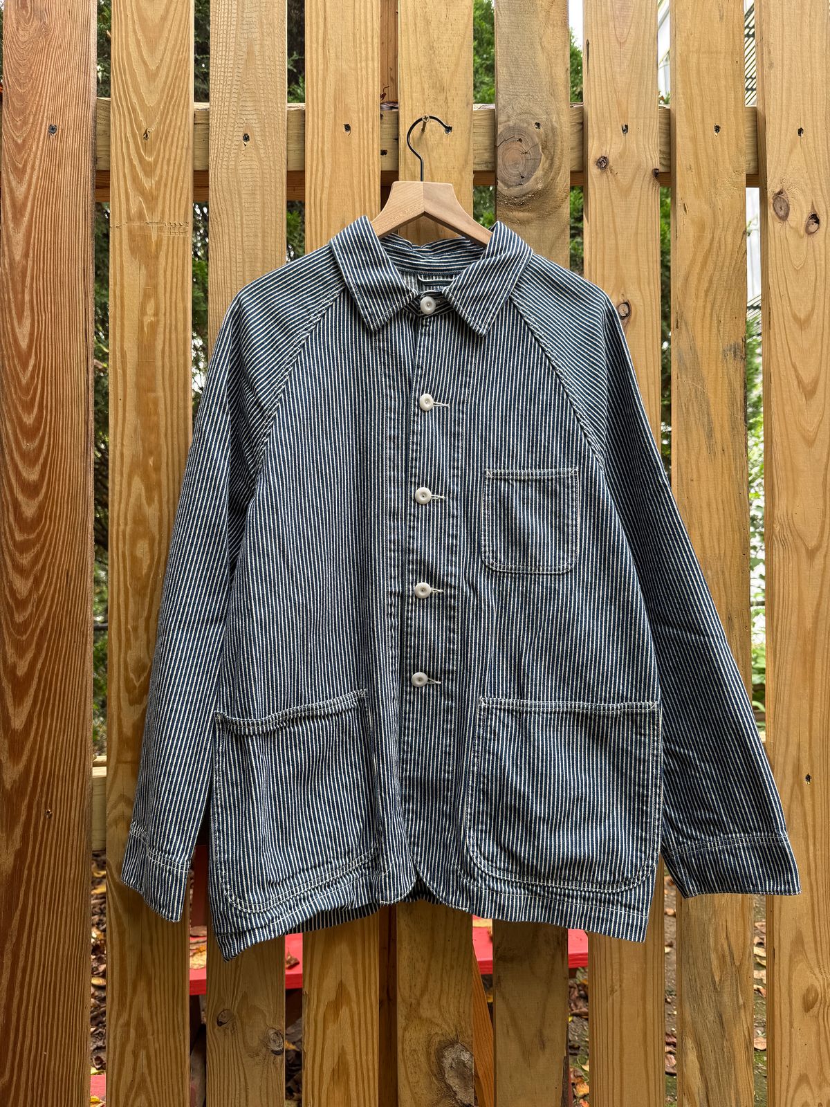 Photo by tlmader on September 27, 2025 of the Blackhore Lane Ateliers E11 Raglan Chore Jacket in 11oz Kaihara Hickory Stripe 2x1 Twill.